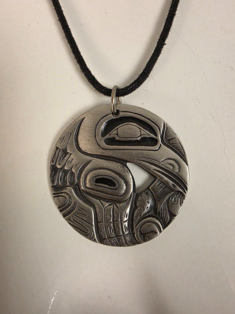 Vintage Frederick Pewter Canada Haida Raven Art Pendant Necklace